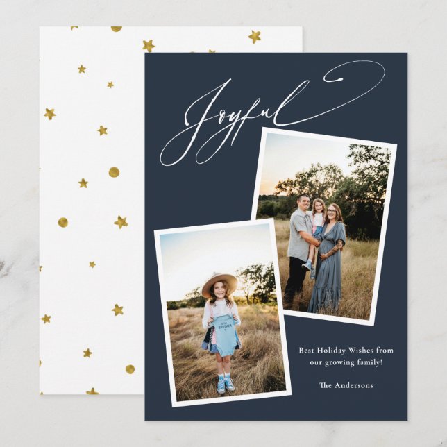 Cartes Pour Fêtes Annuelles Élégant Joyful Blue Calligraphie Photo Grossesse (Devant / Derrière)