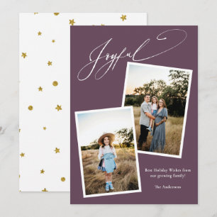 Cartes Pour Fêtes Annuelles Élégant Joyful Calligraphy Purple Photo Grossesse