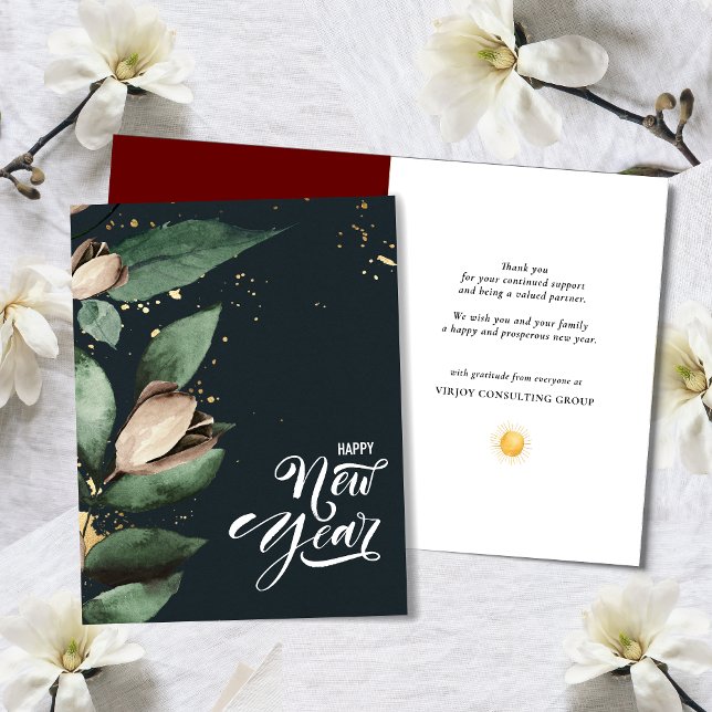Cartes Pour Fêtes Annuelles Élégant Magnolia Gold Confetti Foliage Entreprise (Créateur téléchargé)