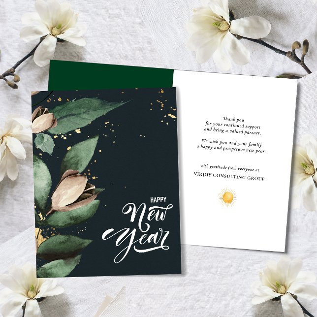 Cartes Pour Fêtes Annuelles Élégant Magnolia Gold Confetti Foliage Entreprise (Créateur téléchargé)