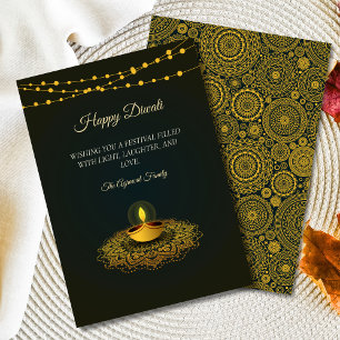 Cartes Pour Fêtes Annuelles Élégant Mandala hindu Green Gold Diwali