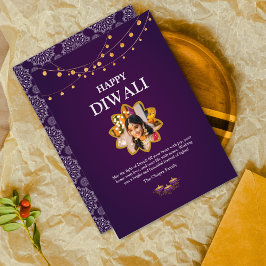 Cartes Pour Fêtes Annuelles Elégant Mandala personnalisé Photo Purple Diwali