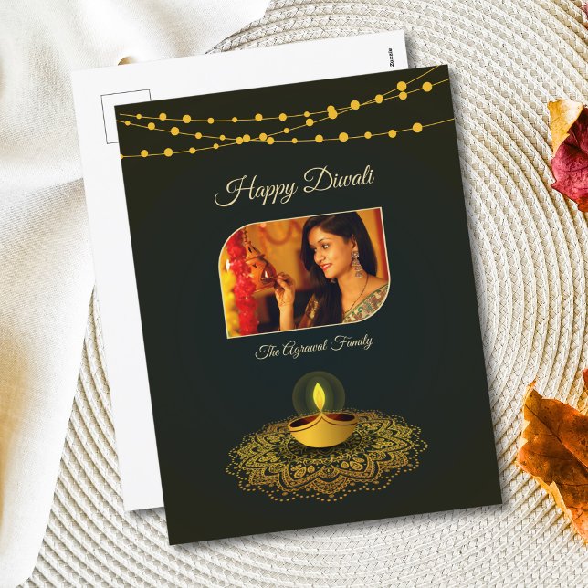 Cartes Pour Fêtes Annuelles Élégant Mandala Photo Green Gold Diwali (Créateur téléchargé)