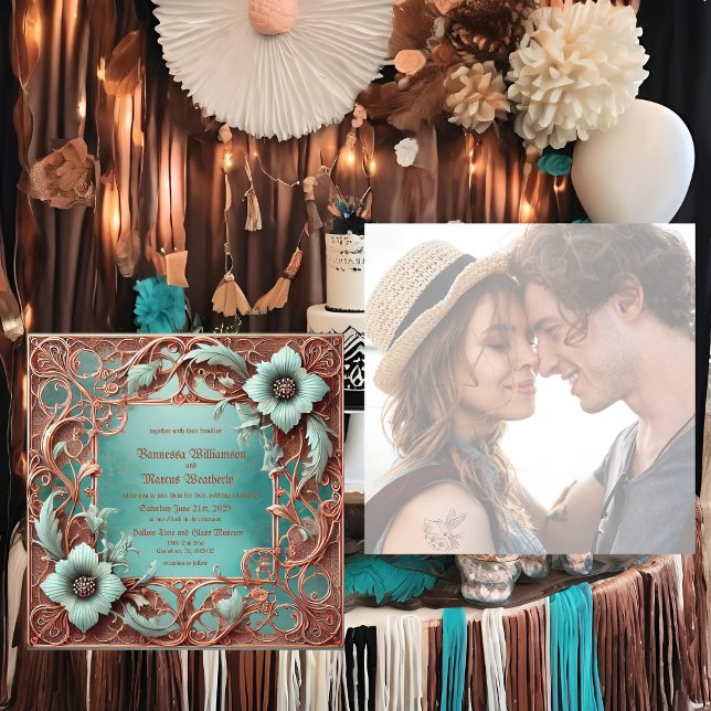 Cartes Pour Fêtes Annuelles Elégant Mariage en cuivre tissé Turquoise Invit (Créateur téléchargé)