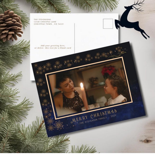 Cartes Pour Fêtes Annuelles Elegant Marine Blue Gold Motif Photo (Elegant Navy Blue Gold Pattern Photo Holiday Postcard)