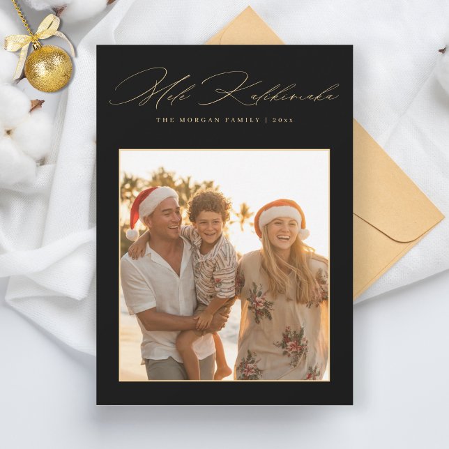 Cartes Pour Fêtes Annuelles Elégant Mele Kalikimaka Black Gold Tropical Photo (Créateur téléchargé)