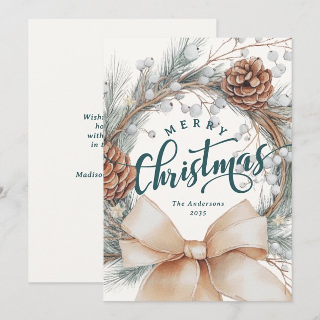 Cartes Pour Fêtes Annuelles Elegant Merry Christmas Script Botanical Wreath  (Devant / Derrière)