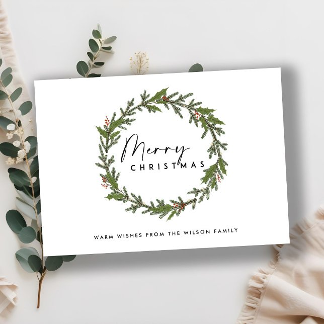 CARTES POUR FÊTES ANNUELLES ÉLÉGANT MODERNE HOLLY BERRY WREATH MERRY NOËL (Créateur téléchargé)