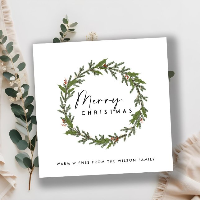 CARTES POUR FÊTES ANNUELLES ÉLÉGANT MODERNE HOLLY BERRY WREATH MERRY NOËL (Créateur téléchargé)