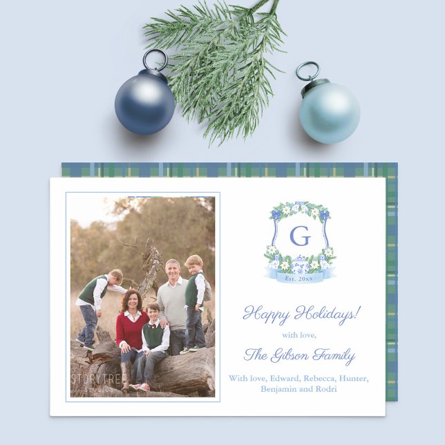 Cartes Pour Fêtes Annuelles Élégant Monogramme De Noël Bleu Et Blanc (Family Photo Card: Crest with hand painted blue green and white elements and space for a monogram)