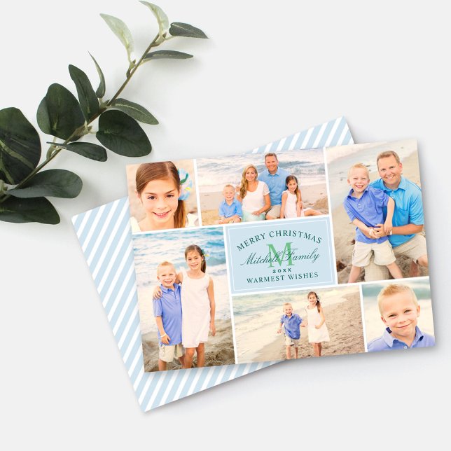 Cartes Pour Fêtes Annuelles Élégant Monogramme de Noël Bleu Photo Collage (Créateur téléchargé)