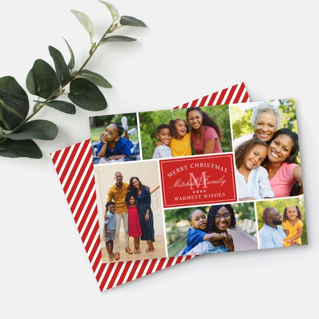 Cartes Pour Fêtes Annuelles Élégant Monogramme de Noël Rouge Photo Collage (Créateur téléchargé)
