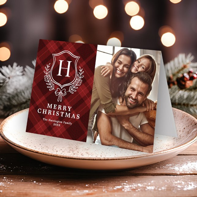Cartes Pour Fêtes Annuelles Élégant Monogramme de plaid rouge Photo Noël (Créateur téléchargé)