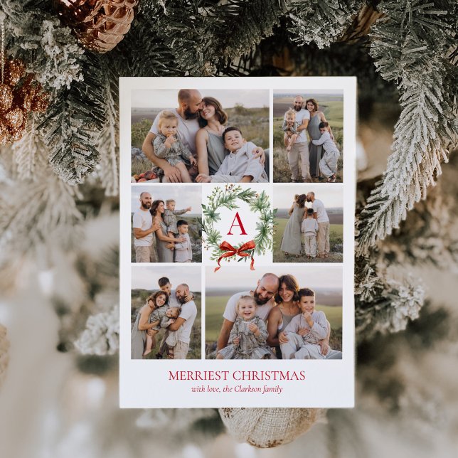 Cartes Pour Fêtes Annuelles Élégant Monogramme Wreath Christmas Six Photo (Créateur téléchargé)