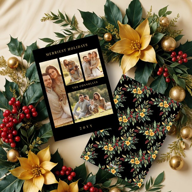 Cartes Pour Fêtes Annuelles Elegant Navy Blue & Gold Simple 4 Multi Photos (Elegant Black & Fake Gold Simple Classic 4 Multi Photos Collage Family Holidays Cards. )