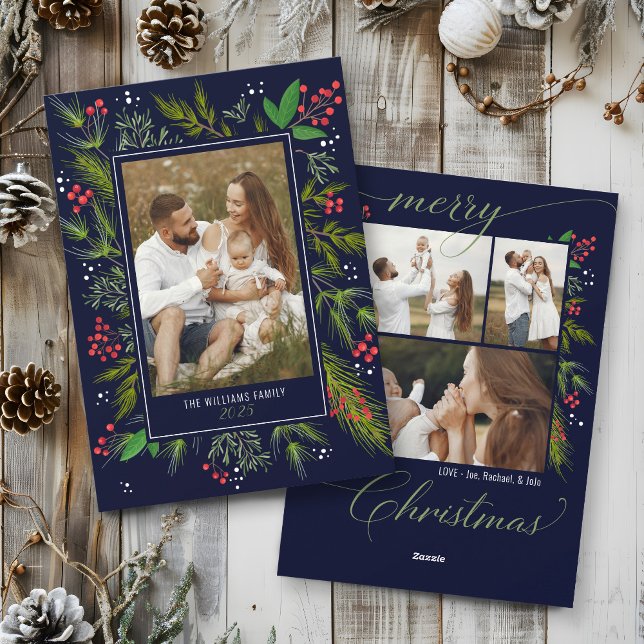 Cartes Pour Fêtes Annuelles Elegant Navy Christmas Greenery Wreath 4 Photo (Deep Navy elegant script Merry Christmas greenery wreath botanical frame unique 5 photo holiday card)