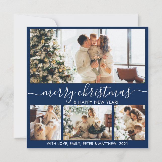 Cartes Pour Fêtes Annuelles Elegant Navy et White 4 Photo Collage Noël (Devant)