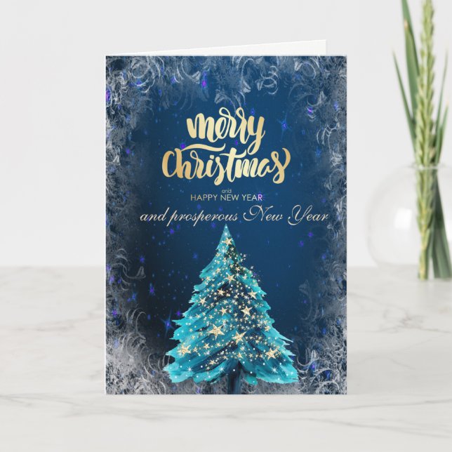 Cartes Pour Fêtes Annuelles Elégant, Noël Arbre d'Or Étoiles Entreprise (Devant)