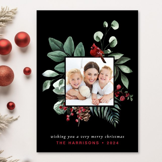 Cartes Pour Fêtes Annuelles Élégant Noël Cardinal Rouge Photo Noir (Share the love and warmth of the holiday season with this personalized photo Christmas card)
