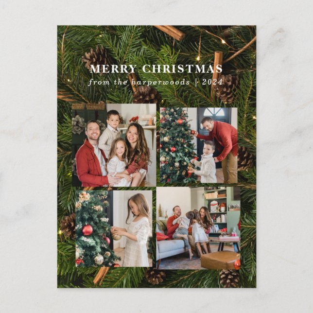Cartes Pour Fêtes Annuelles Élégant Noël Floral Family Photo Collage (Devant)