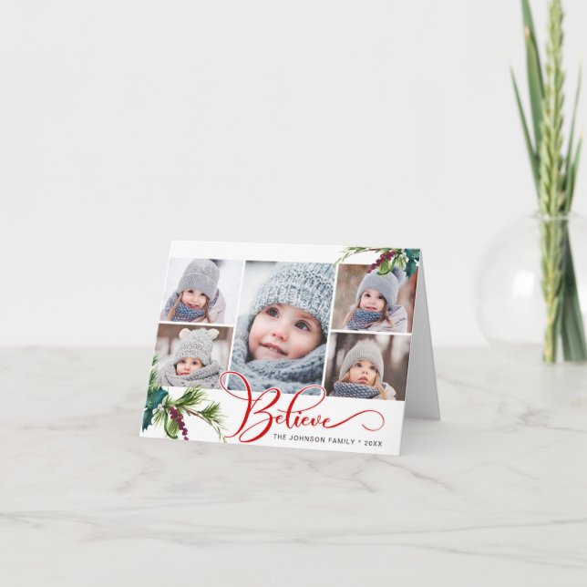 Cartes Pour Fêtes Annuelles Élégant Noël Holly Pine 5 photo plié (Devant)