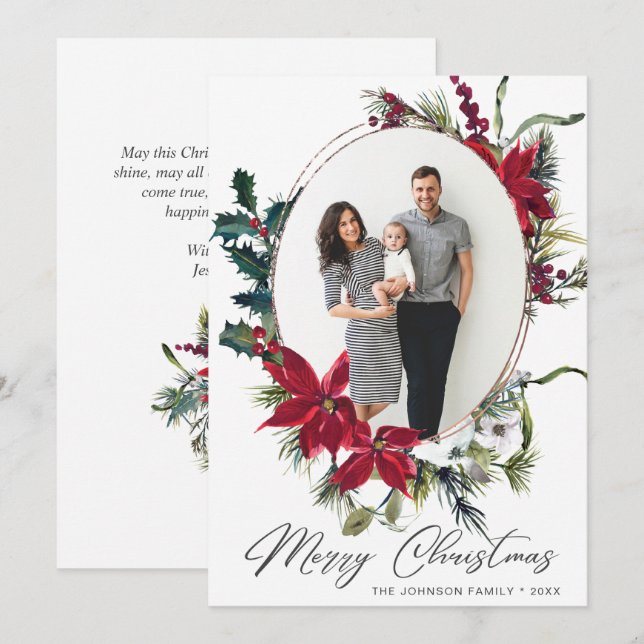 Cartes Pour Fêtes Annuelles Élégant Noël Poinsettia Photo Grey (Devant / Derrière)