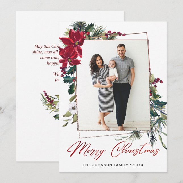 Cartes Pour Fêtes Annuelles Élégant Noël Poinsettia Photo Grey (Devant / Derrière)