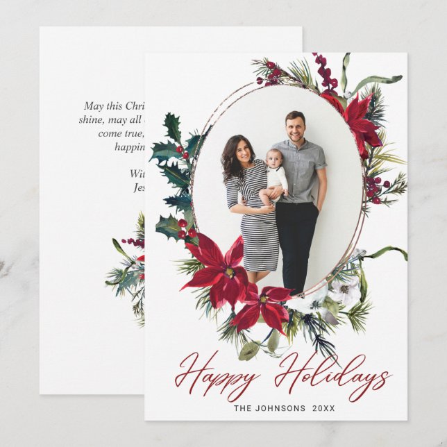Cartes Pour Fêtes Annuelles Élégant Noël Poinsettia Photo Grey (Devant / Derrière)