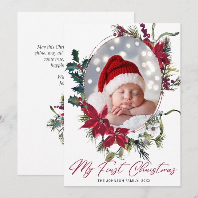 Cartes Pour Fêtes Annuelles Élégant Noël Poinsettia Photo Grey (Devant / Derrière)