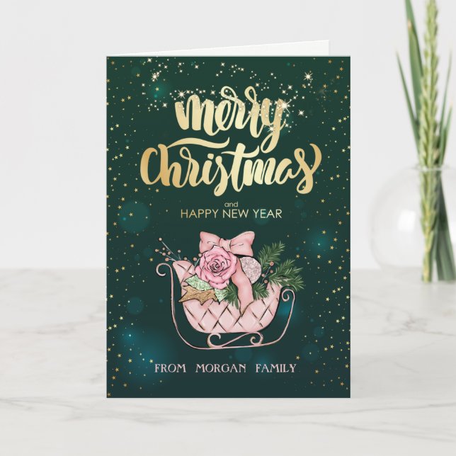 Cartes Pour Fêtes Annuelles Élégant Noël rose Sleigh Green (Devant)