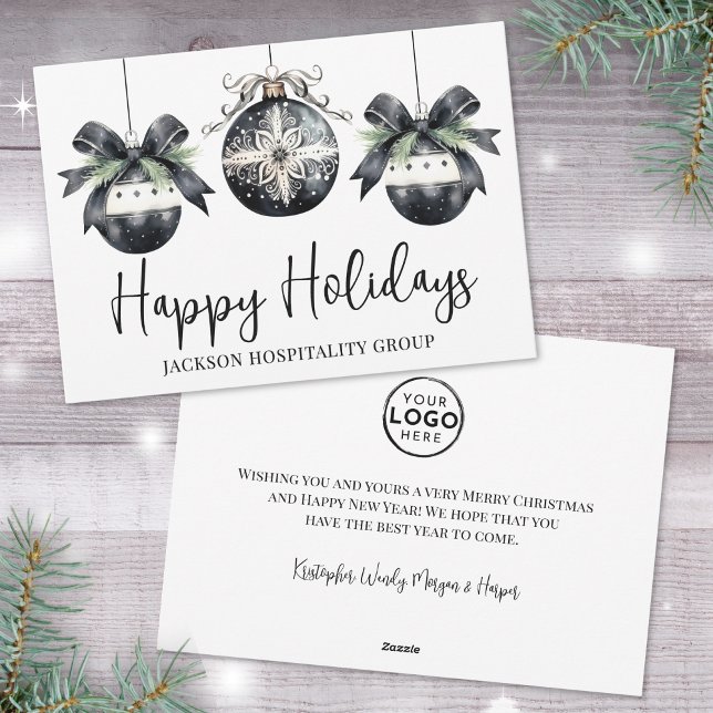 Cartes Pour Fêtes Annuelles Élégant Noir Blanc Affaires Logo Noël (Elegant Black White Business Logo Christmas Holiday Card)