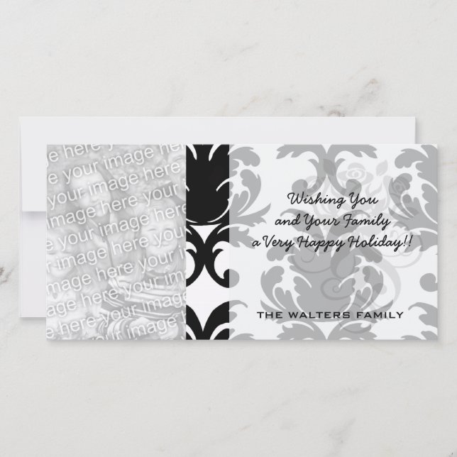Cartes Pour Fêtes Annuelles élégant noir et blanc damassé (Devant)