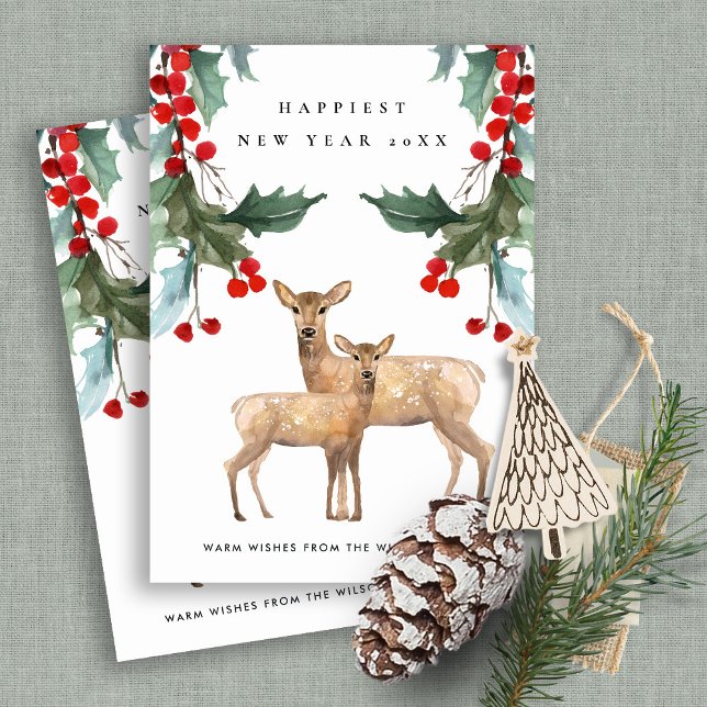CARTES POUR FÊTES ANNUELLES ÉLÉGANT NOUVEL AN DUO CERF BAIE ROUGE VERT (Créateur téléchargé)