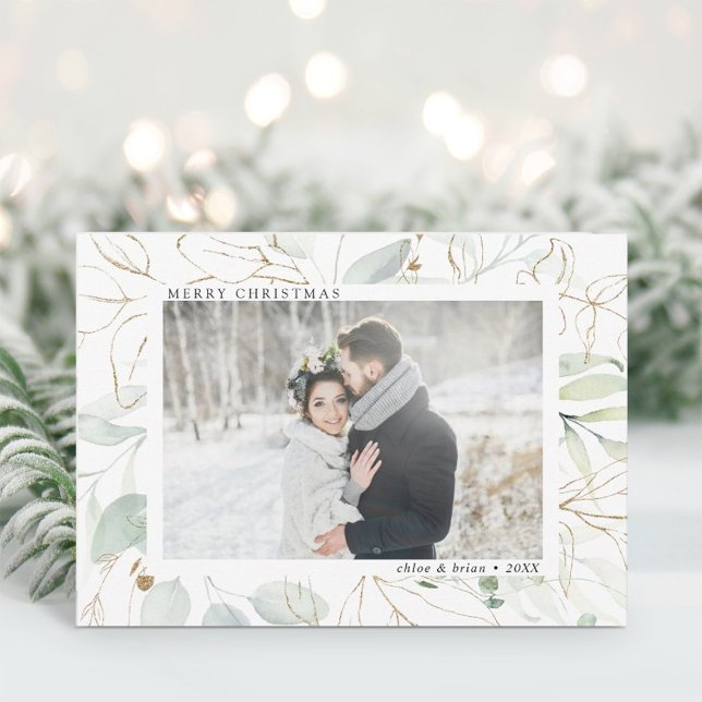 Cartes Pour Fêtes Annuelles Elégant or Botanique Verdure Photo Noël (Créateur téléchargé)