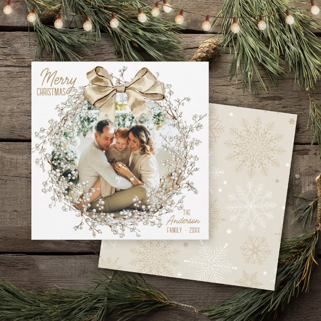 Cartes Pour Fêtes Annuelles Elégant or Bow aquarelle Wreath Photo Noël (Unique Merry Christmas watercolor gold bow beige botanical wreath best photo holiday card snowflake)