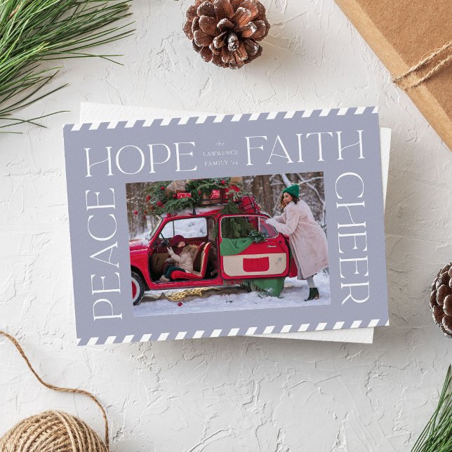 Cartes Pour Fêtes Annuelles Elegant Peace Hope Faith Cheer Christmas Photo (Blue-grey Christmas photo card with elegant typography, peace, hope, faith and cheer)