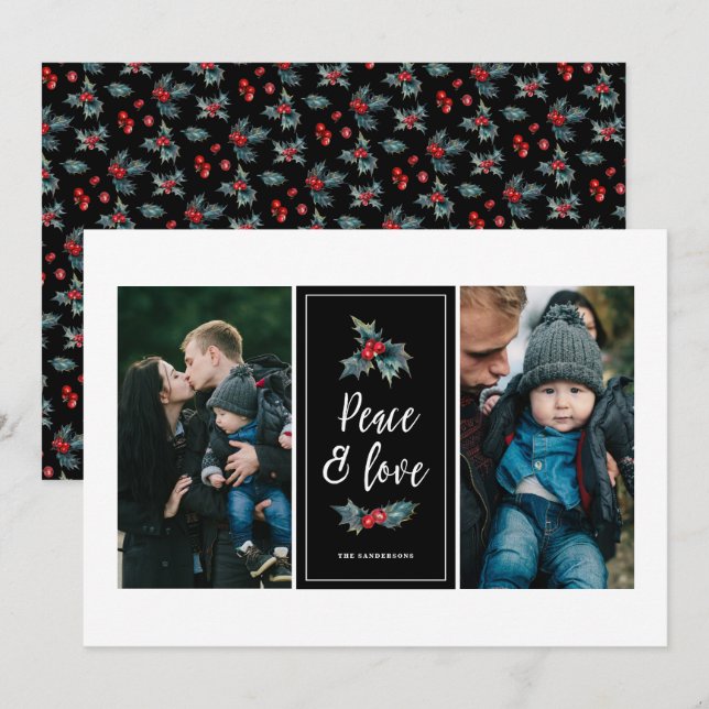 Cartes Pour Fêtes Annuelles Élégant Peint Holly | Peace Love Black Two Photo (Devant / Derrière)