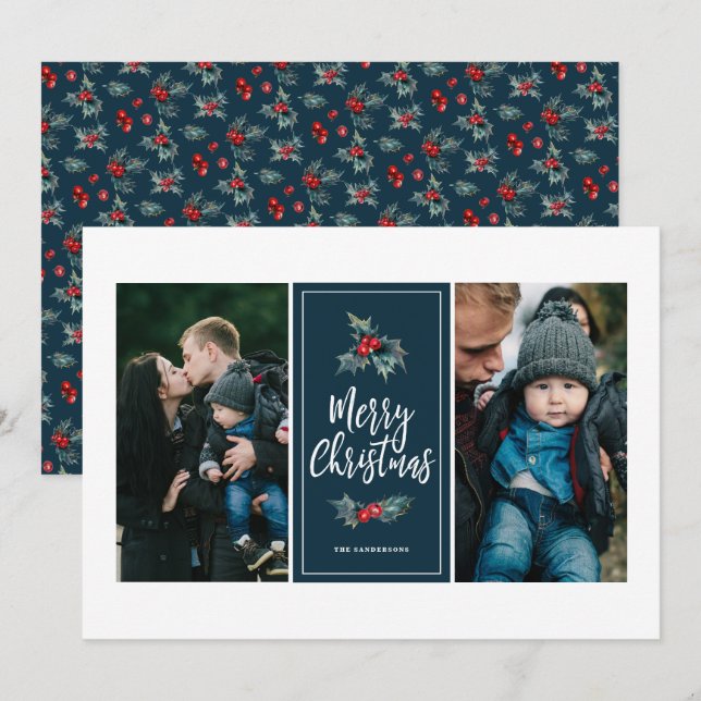 Cartes Pour Fêtes Annuelles Élégant Peint Holly | Photo bleu deux Noël (Devant / Derrière)