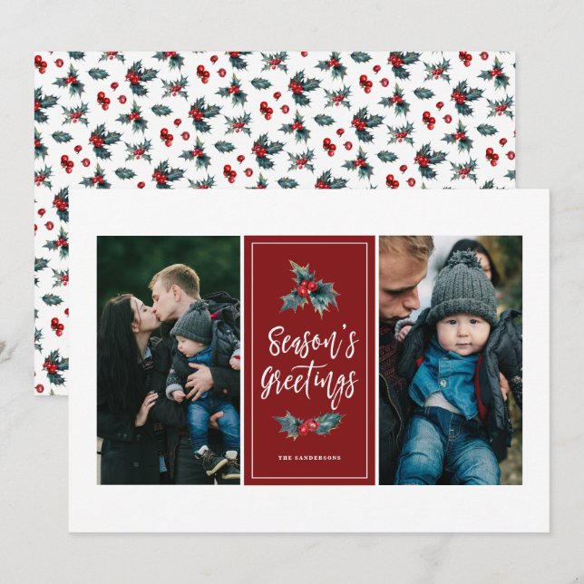 Cartes Pour Fêtes Annuelles Élégant Peint Holly | Salut Red Two Photo (Devant / Derrière)