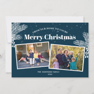 Cartes Pour Fêtes Annuelles Elégant pin blanc sur bleu foncé 2 Photos Noël
