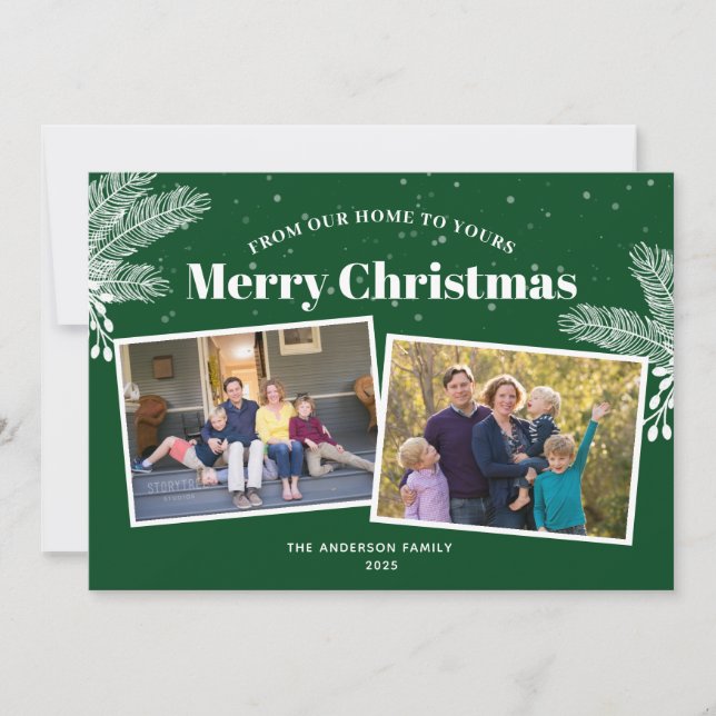 Cartes Pour Fêtes Annuelles Élégant pin blanc sur vert 2 Photos Noël (Devant)
