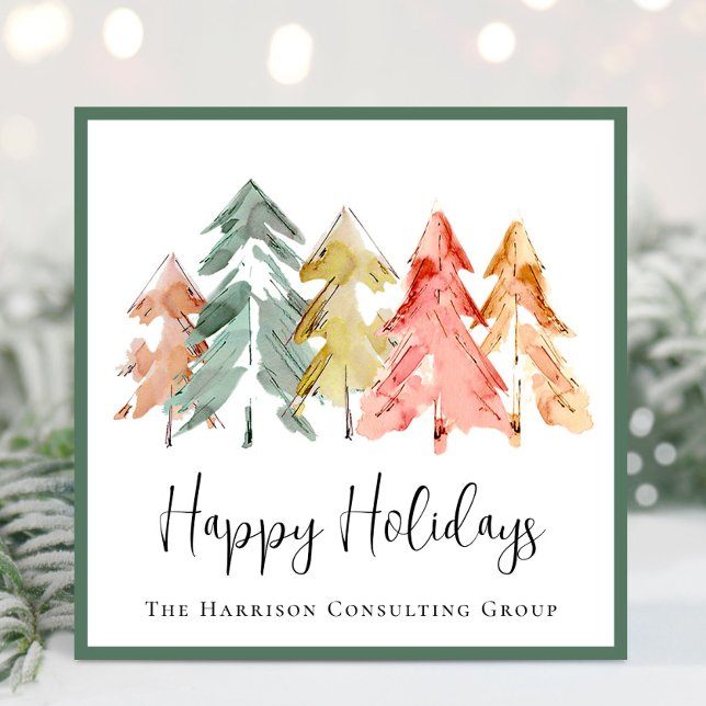 Cartes Pour Fêtes Annuelles Élégant Pin d'affaires Arbres Aquarelle Noël (Spread the joy of the season and strengthen business relationships with our elegant holiday card)