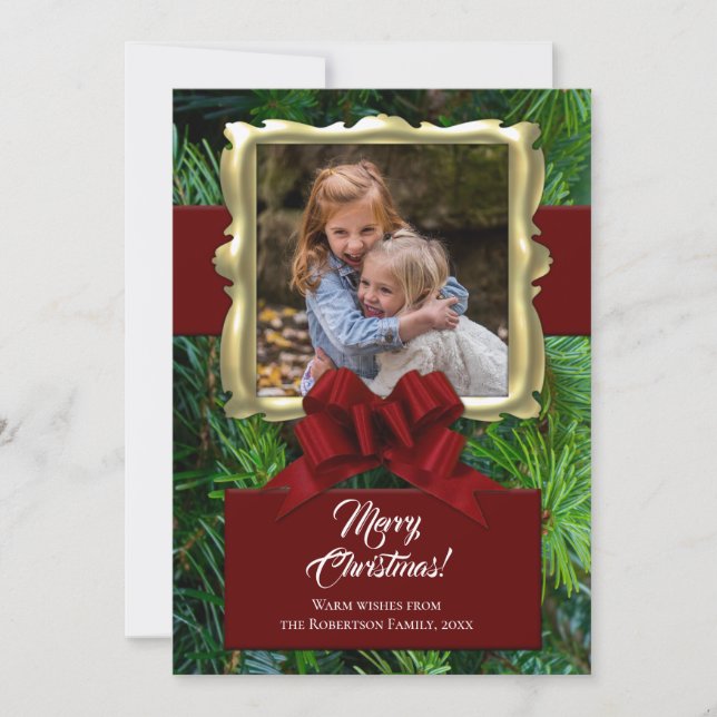 Cartes Pour Fêtes Annuelles Elégant Pine Gold Frame Photo Noël (Devant)