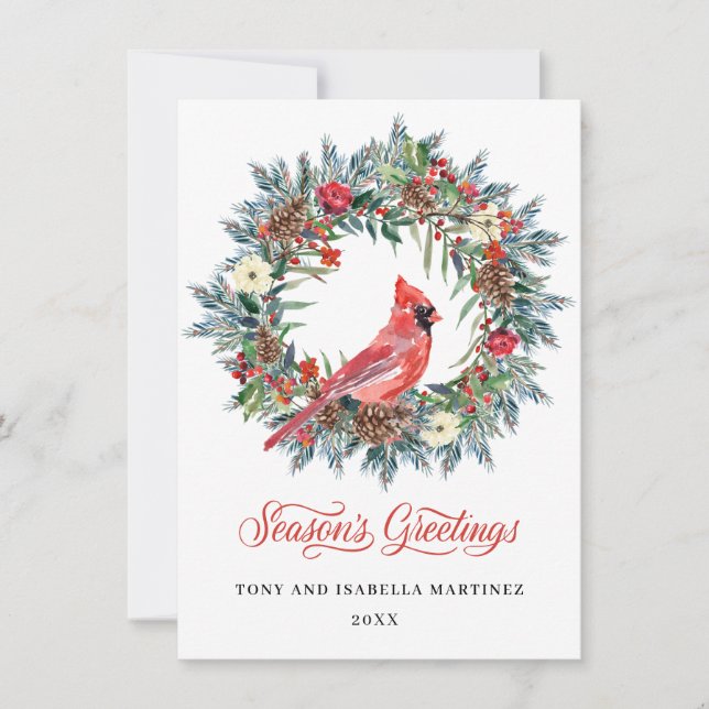 Cartes Pour Fêtes Annuelles Élégant Pine Holly Serre de Noël Cardinal Rouge (Devant)