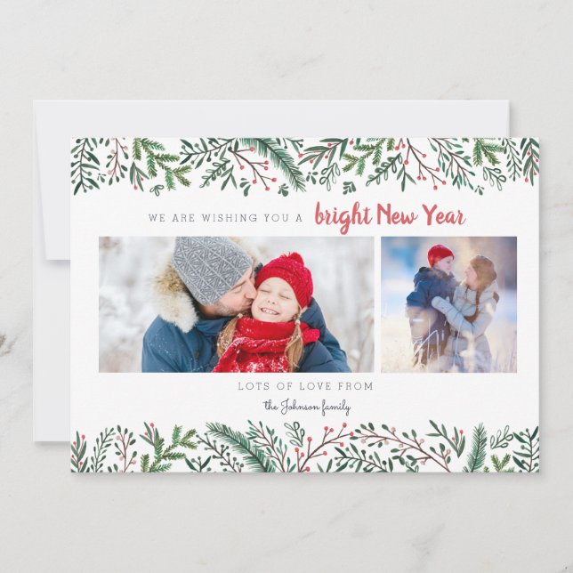Cartes Pour Fêtes Annuelles Élégant Pine Vines vertes Nouvel An (Devant)