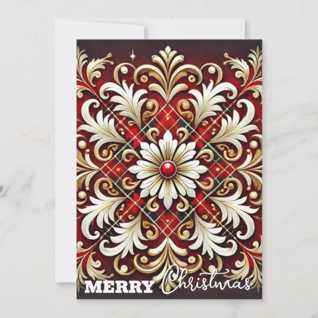 Cartes Pour Fêtes Annuelles Élégant Plaid de Fête Rouge Blanc Or (Devant)