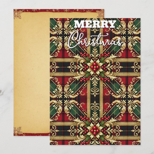 Cartes Pour Fêtes Annuelles Élégant Plaid de Fête Rouge Vert Or  (Devant / Derrière)