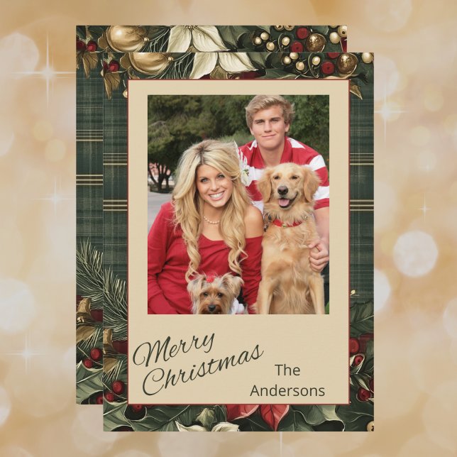 Cartes Pour Fêtes Annuelles Elégant Plaid & Poinsettia Joyeux Noël Photo (Créateur téléchargé)