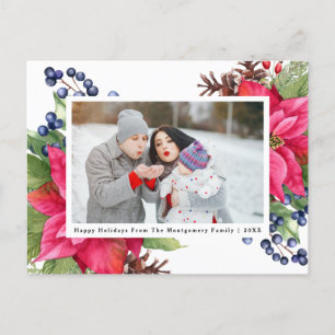 Cartes Pour Fêtes Annuelles Elégant Poinsettia Berry Navy Photo personnalisée