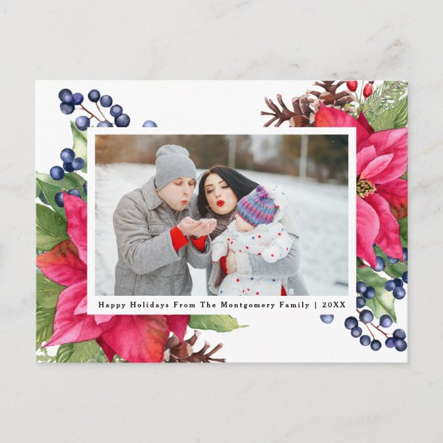 Cartes Pour Fêtes Annuelles Elégant Poinsettia Berry Navy Photo personnalisée (Devant)